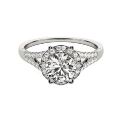GIA 0.74ct Round Vintage Flower Halo Split Shank White Gold Diamond Ring