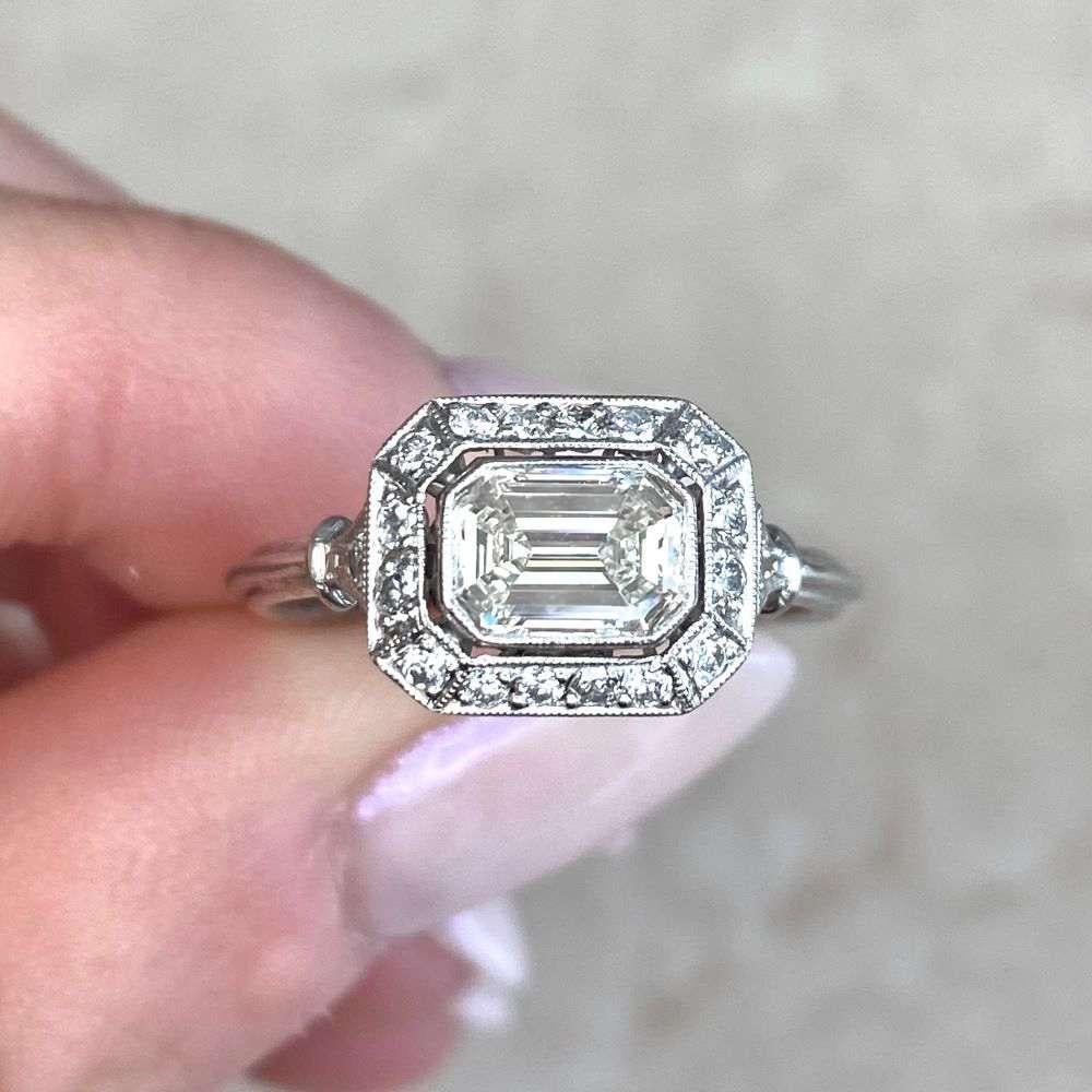 GIA 0.75ct Emerald Cut Diamond Engagement Ring, Diamond Halo, Platinum For Sale 6