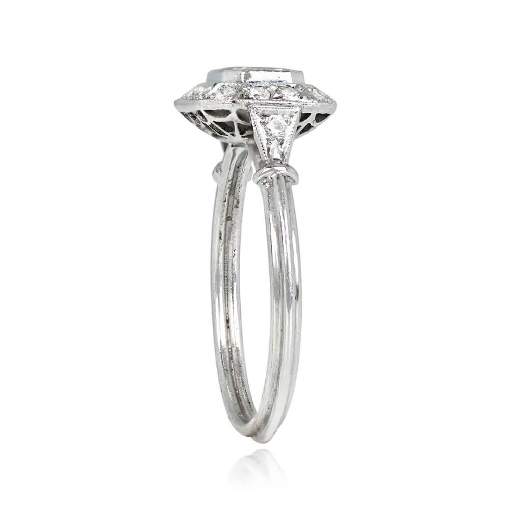 Art Deco GIA 0.75ct Emerald Cut Diamond Engagement Ring, Diamond Halo, Platinum For Sale