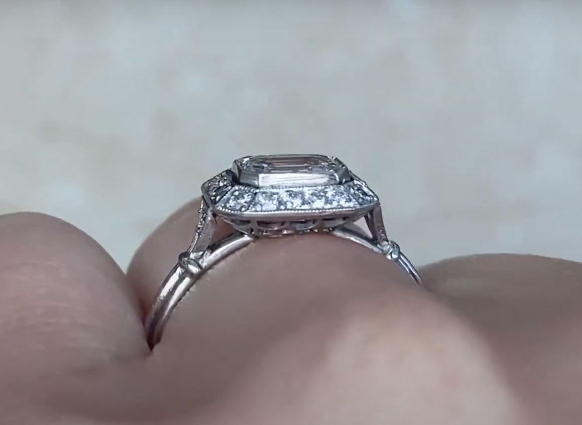 GIA 0.75ct Emerald Cut Diamond Engagement Ring, Diamond Halo, Platinum For Sale 1