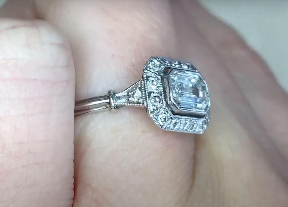 GIA 0.75ct Emerald Cut Diamond Engagement Ring, Diamond Halo, Platinum For Sale 2