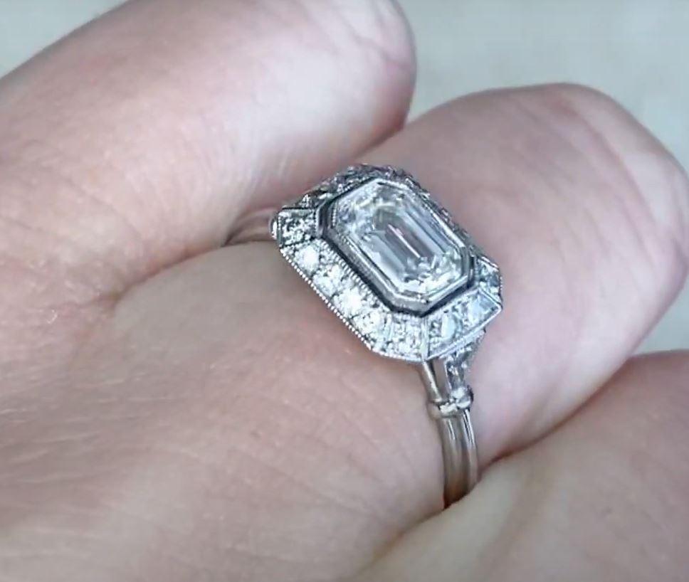 GIA 0.75ct Emerald Cut Diamond Engagement Ring, Diamond Halo, Platinum For Sale 3