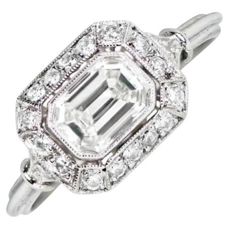 GIA 0.75ct Emerald Cut Diamond Engagement Ring, Diamond Halo, Platinum For Sale