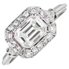 Antique GIA 0.75ct Emerald Cut Diamond Engagement Ring, Diamond Halo, Platinum