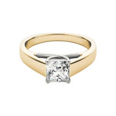 GIA 0.75ct Princess Solitaire Cathedral Flat Band 18K Yellow Gold Diamond Ring