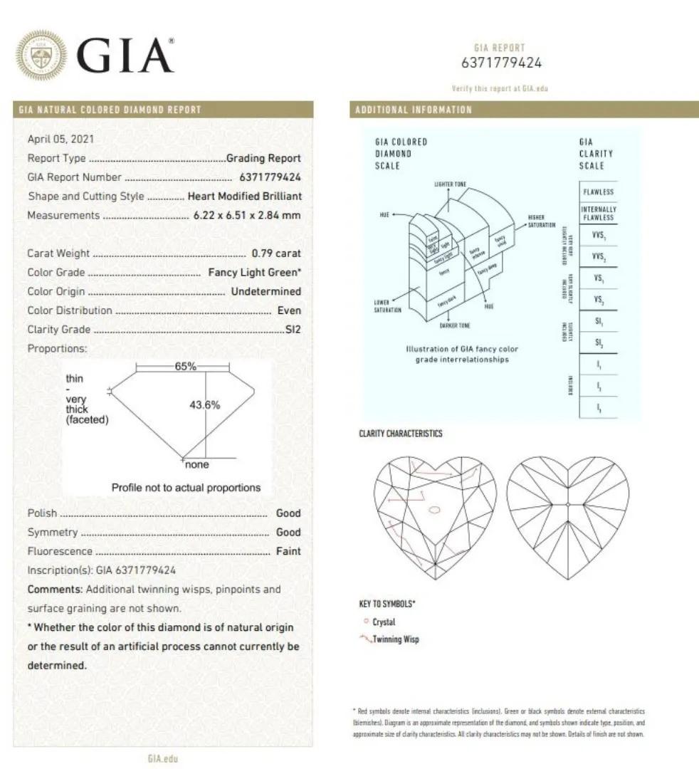 GIA Anillo de diamantes de 0,79 quilates de color verde claro fantasía (indeterminado) y claridad SI2 en venta 2