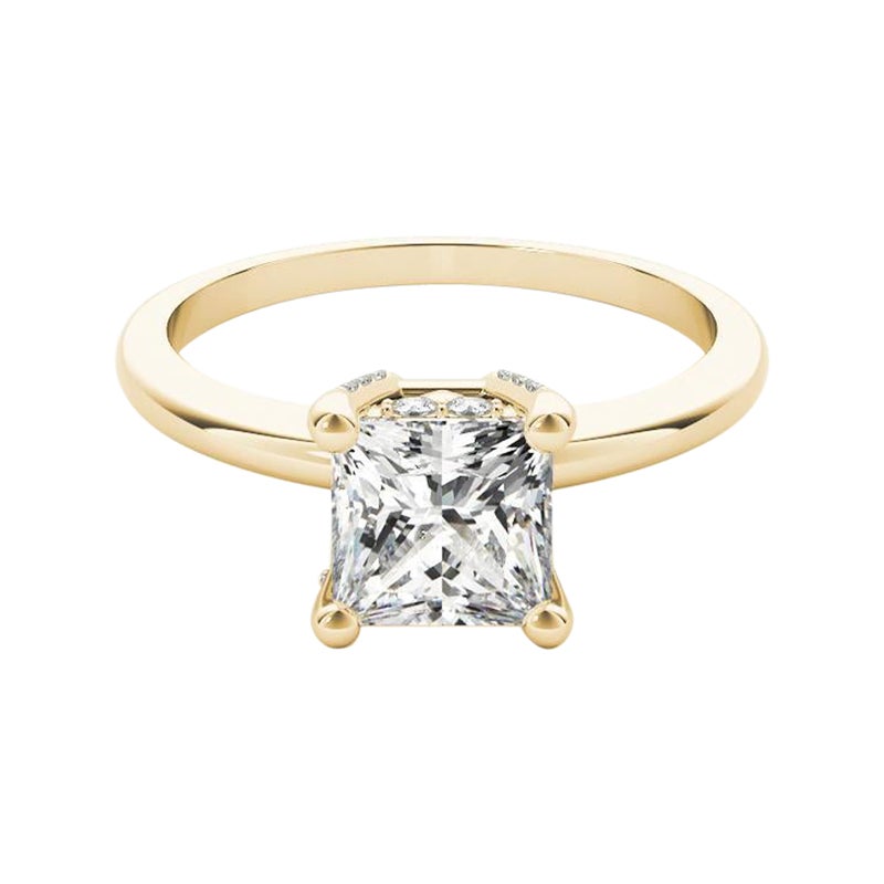 GIA 0,7ct Principessa Solitario e Hidden Halo Pave Anello con diamanti in oro giallo 18K