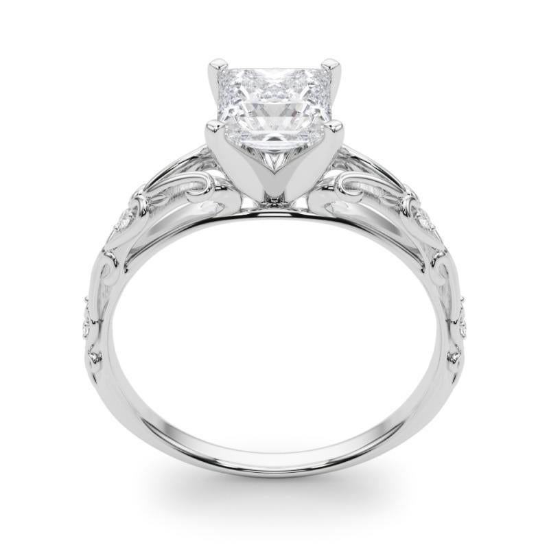 Donna GIA 0,7ct Princess Vintage 3-Stone Heart & Vine Anello di diamanti in oro bianco 18K in vendita