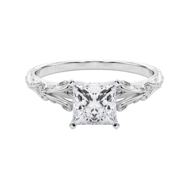 GIA 0,7ct Princess Vintage 3-Stone Heart & Vine Anello di diamanti in oro bianco 18K