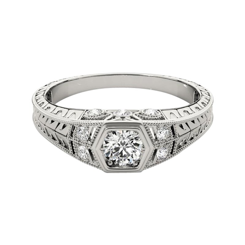 Bague en or blanc GIA 0,7ct Round Bezel Filigree Flower Engraved 18K Diamond Ring