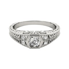 GIA 0.7ct Round Bezel Filigree Flower Engraved 18K White Gold Diamond Ring