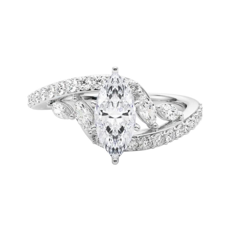 GIA 0.8 Carat Marquise Curved Bypass Leaf 
Vine 18K White Gold Diamond Ring