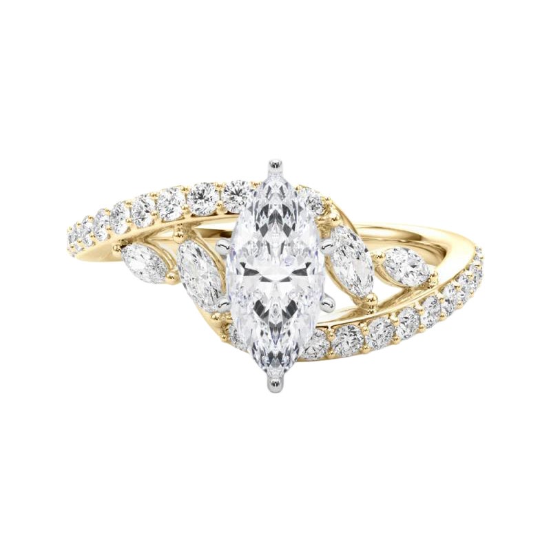 GIA 0,8 quilates Anillo de diamantes en oro amarillo de 18 quilates con forma de marquesa curvada en forma de hoja y enredadera