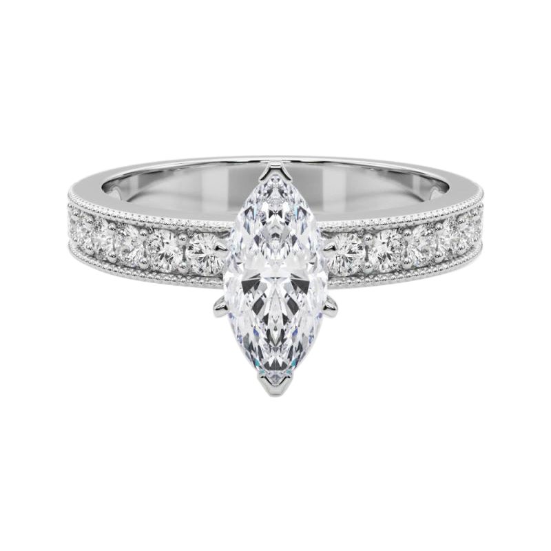 GIA 0,8 Carati Marquise Vintage Milgrain Channel Anello con diamanti in oro bianco 18K