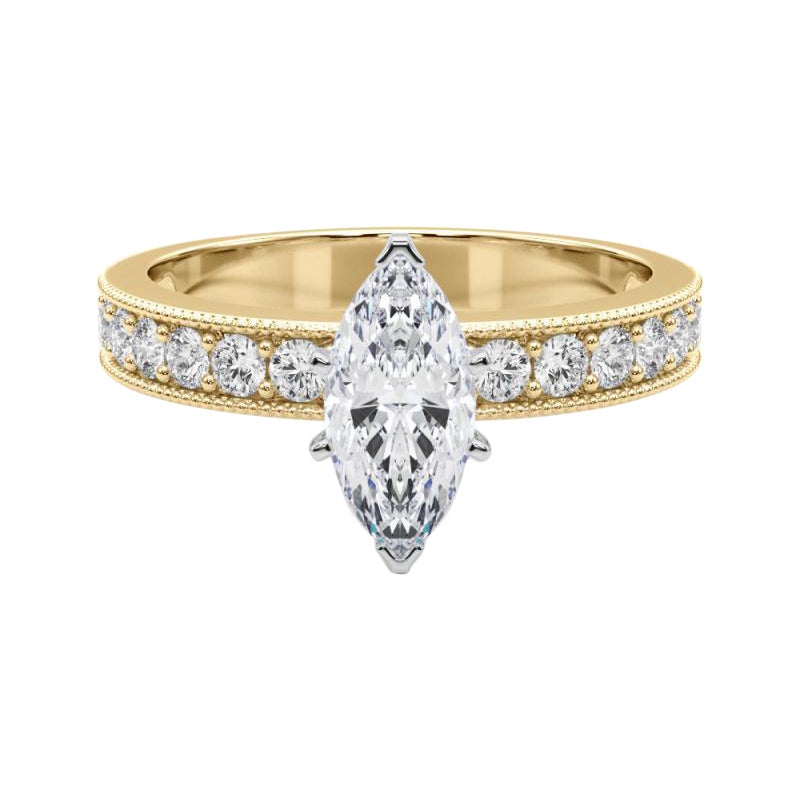 GIA 0,8 Carati Marquise Vintage Milgrain Channel Anello con diamanti in oro giallo 18K