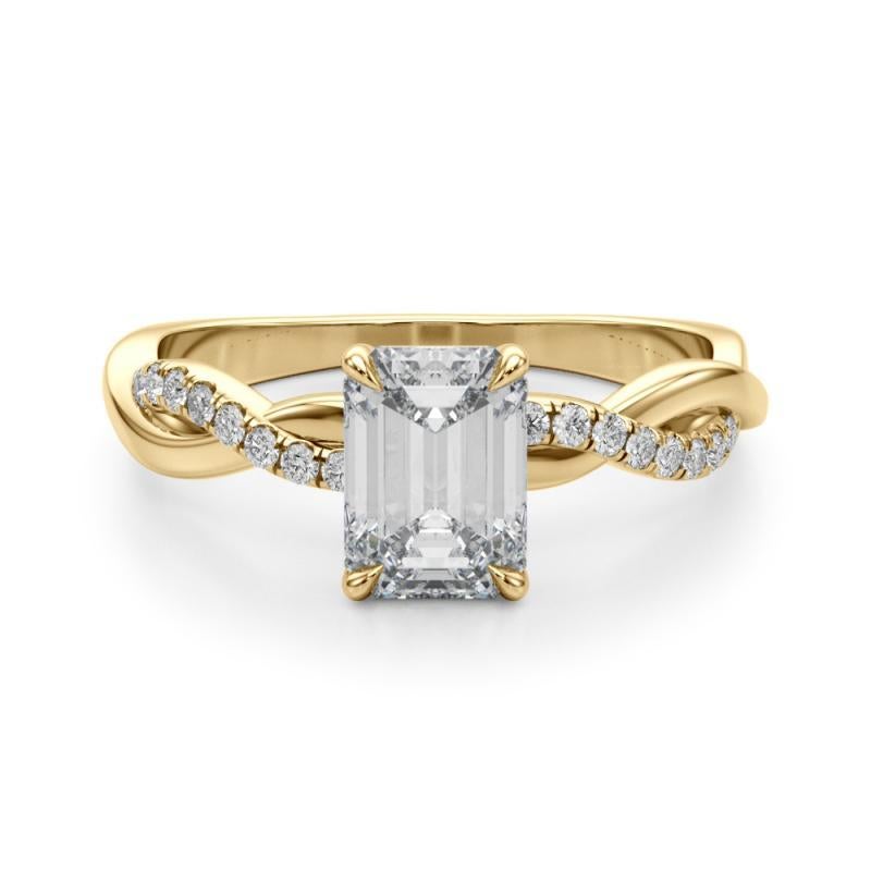 GIA Anillo de diamantes de oro amarillo de 18 quilates con esmeralda de 0,8 quilates y entrelazados en Nuevo estado para la venta en New York, NY