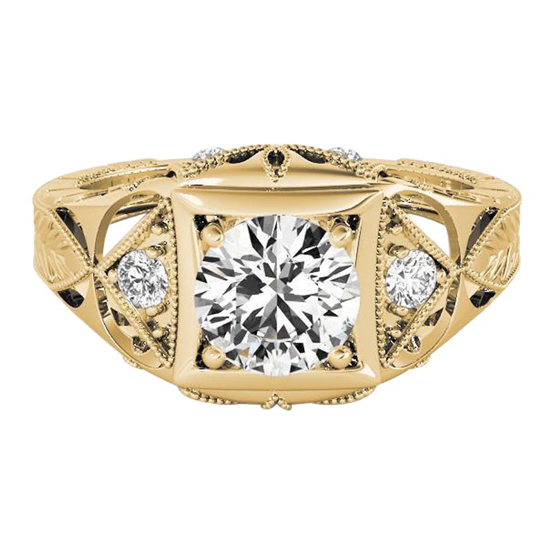 GIA Bague en or jaune 18 carats diamant rond de 0,8 carat ajouré et gravé à l
ancienne