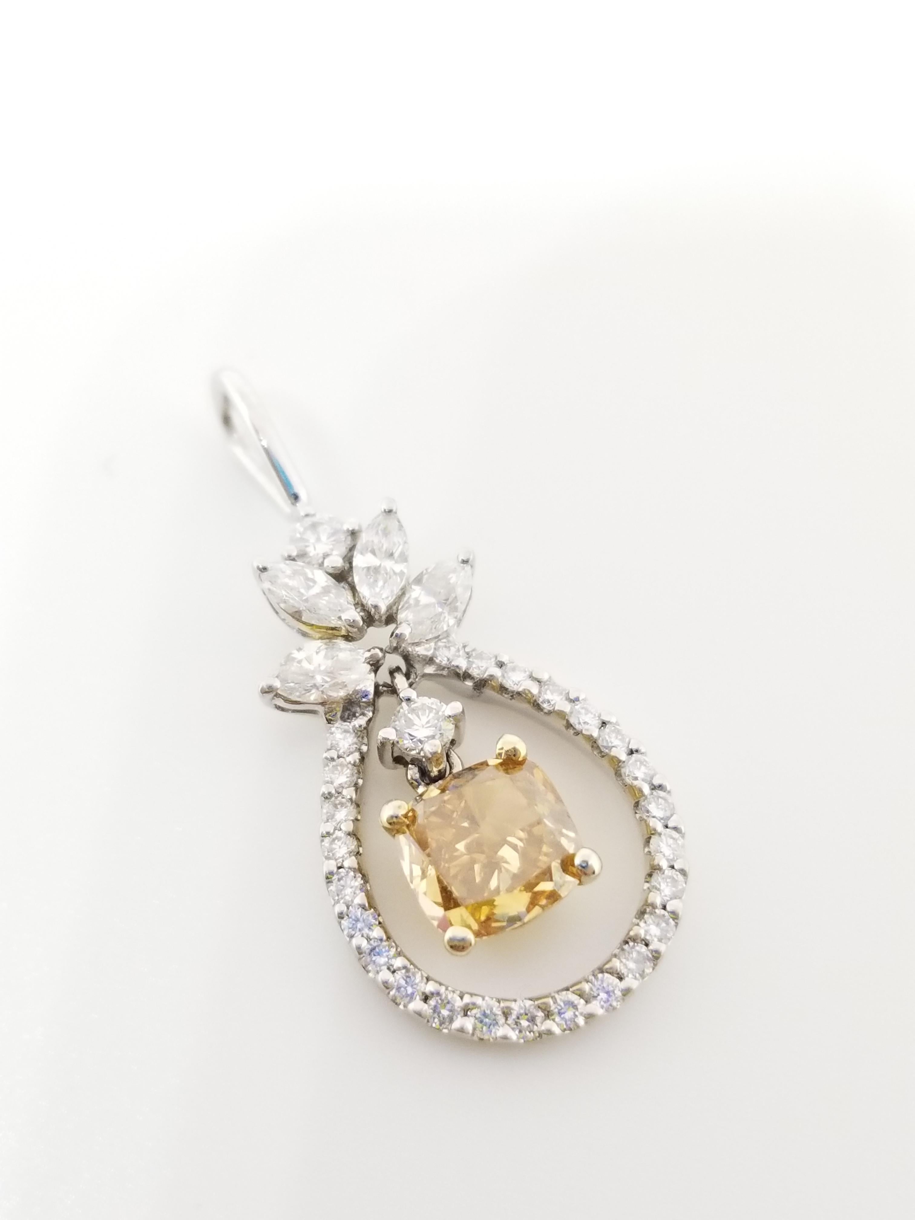 GIA 0.80 Carat Fancy Deep Orange Yellow Cushion Diamond Pendant 14K White Gold In New Condition In Great Neck, NY