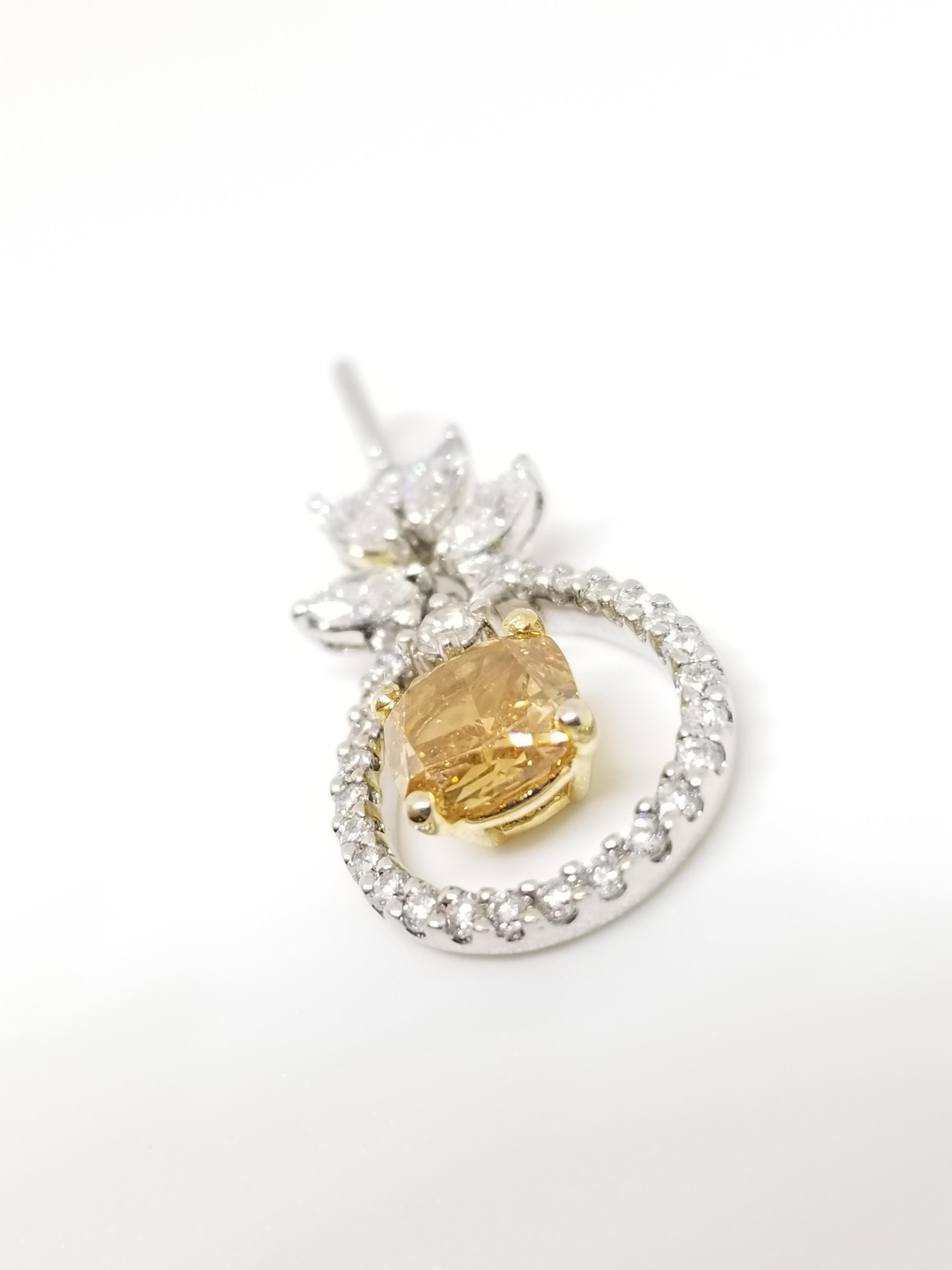 Women's GIA 0.80 Carat Fancy Deep Orange Yellow Cushion Diamond Pendant 14K White Gold
