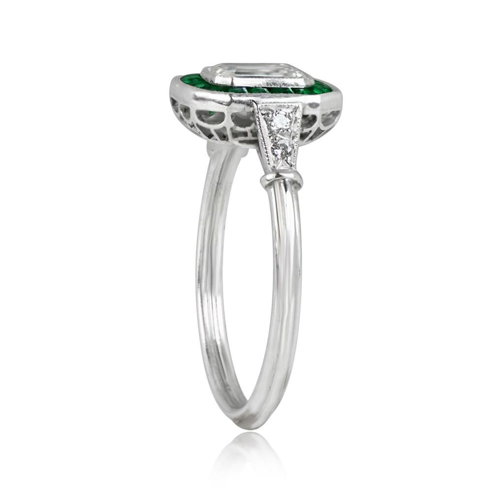Art Deco GIA 0.80ct Emerald Cut Diamond Engagement Ring, Emerald Halo, Platinum For Sale