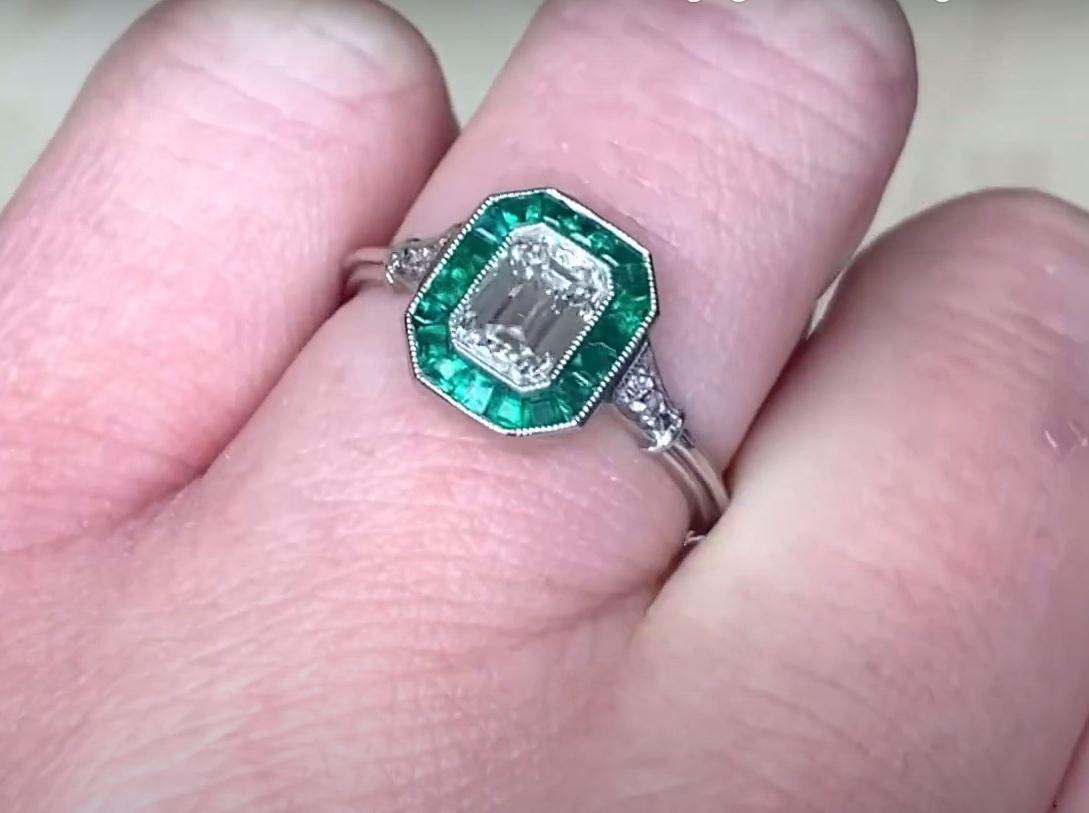 Women's GIA 0.80ct Emerald Cut Diamond Engagement Ring, Emerald Halo, Platinum For Sale