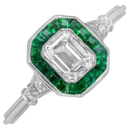 GIA 0.80ct Emerald Cut Diamond Engagement Ring, Emerald Halo, Platinum For Sale