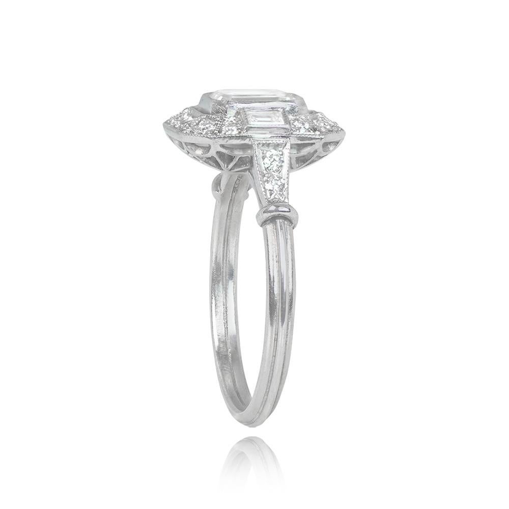 Art Deco GIA 0.80ct Emerald Cut Diamond Engagement Ring, I Color, Diamond Halo, Platinum For Sale