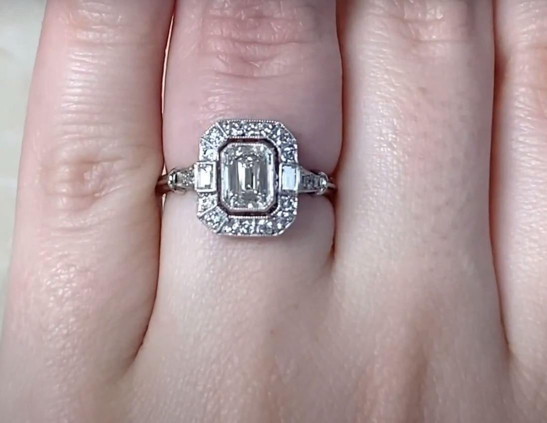 Women's GIA 0.80ct Emerald Cut Diamond Engagement Ring, I Color, Diamond Halo, Platinum For Sale