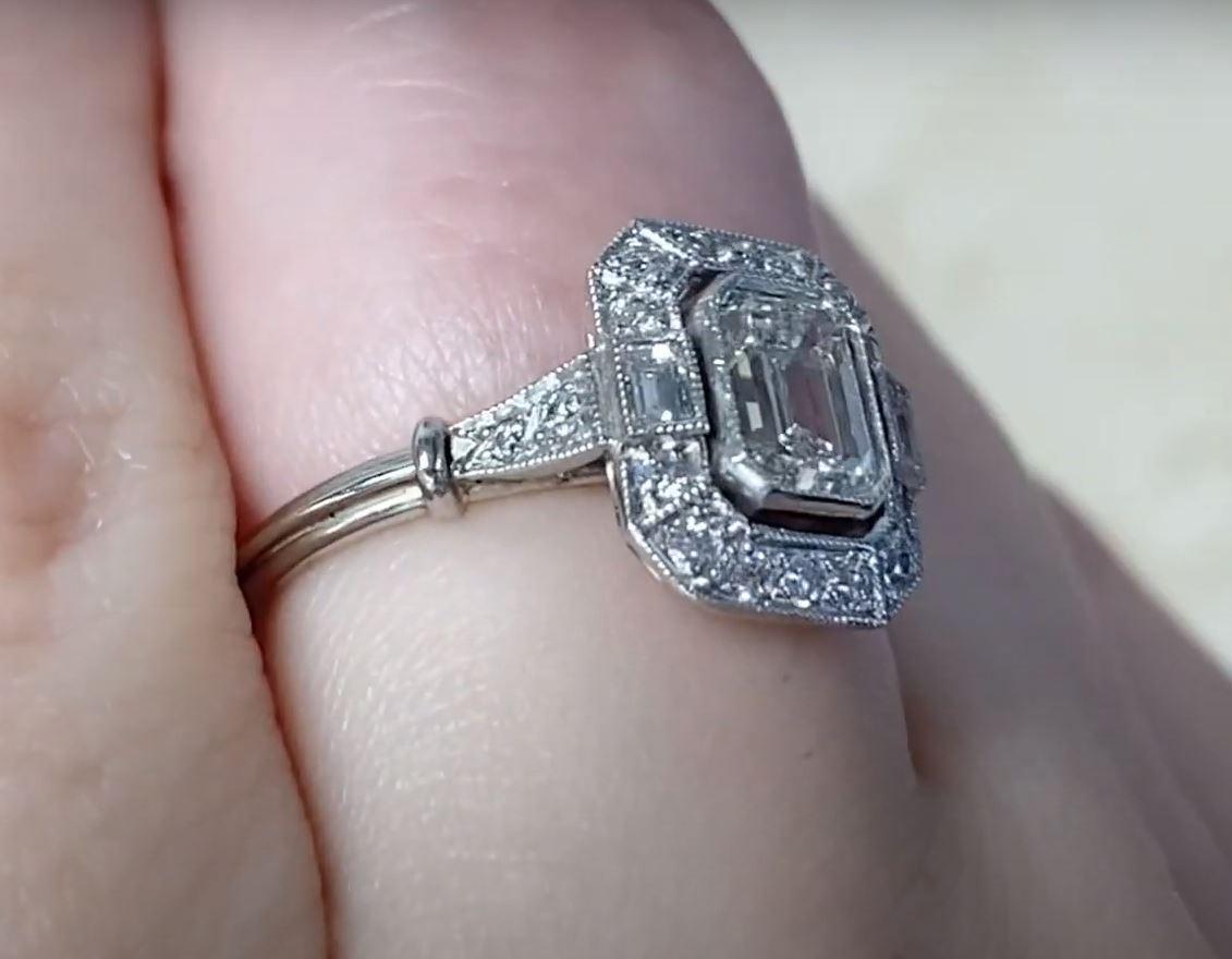 GIA 0.80ct Emerald Cut Diamond Engagement Ring, I Color, Diamond Halo, Platinum For Sale 1