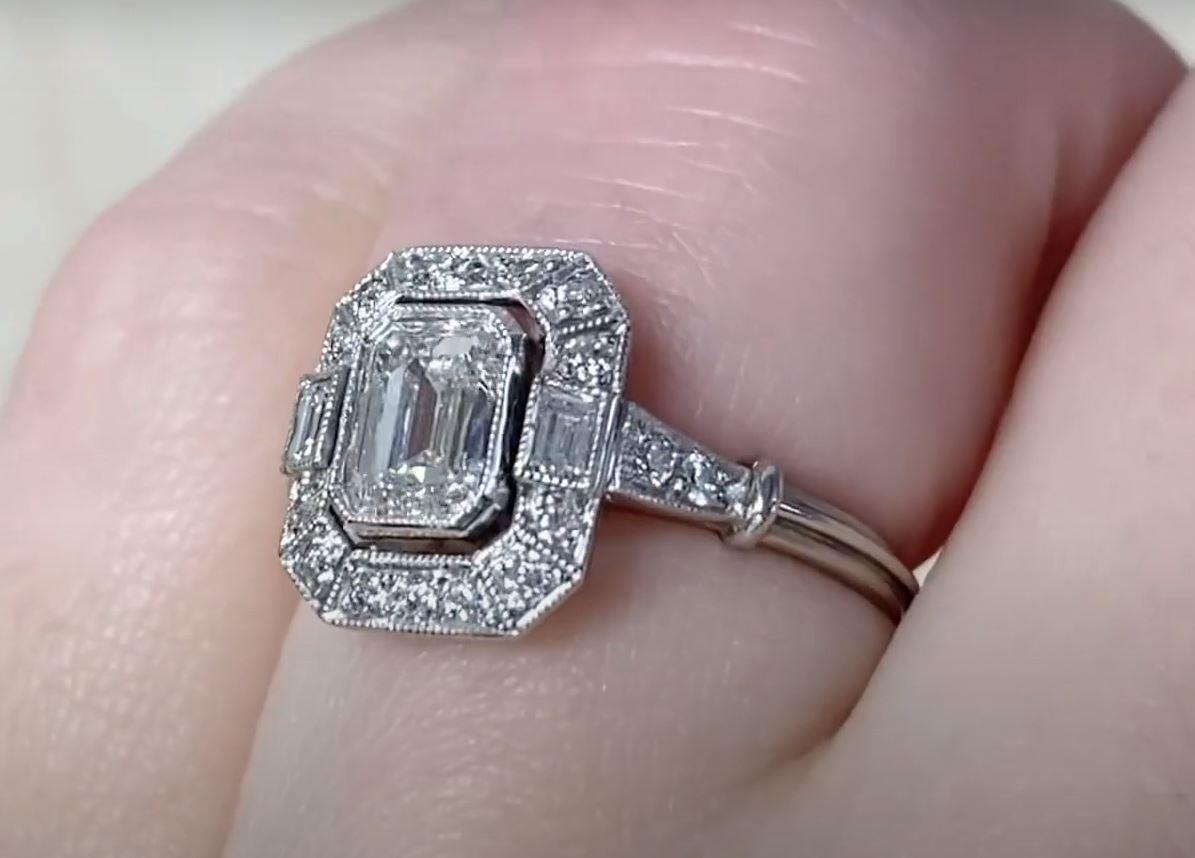 GIA 0.80ct Emerald Cut Diamond Engagement Ring, I Color, Diamond Halo, Platinum For Sale 2