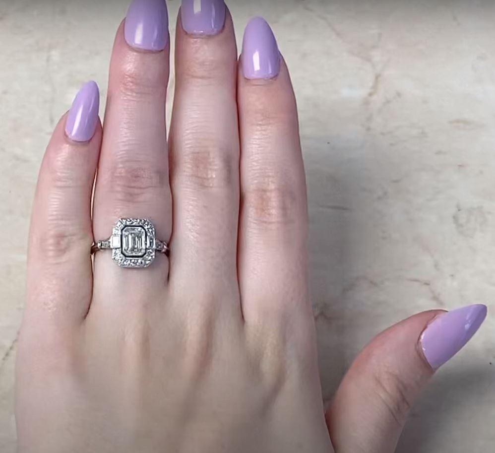 GIA 0.80ct Emerald Cut Diamond Engagement Ring, I Color, Diamond Halo, Platinum For Sale 4