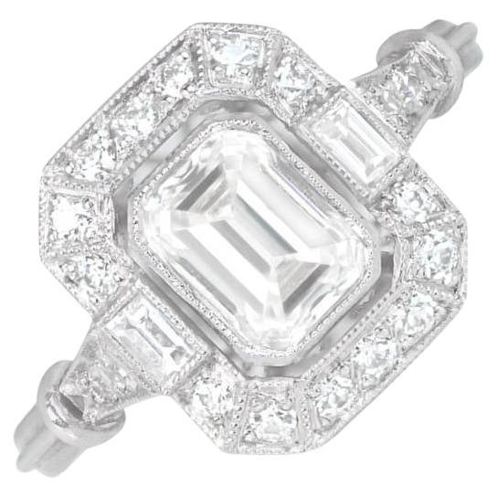 GIA 0.80ct Emerald Cut Diamond Engagement Ring, I Color, Diamond Halo, Platinum For Sale