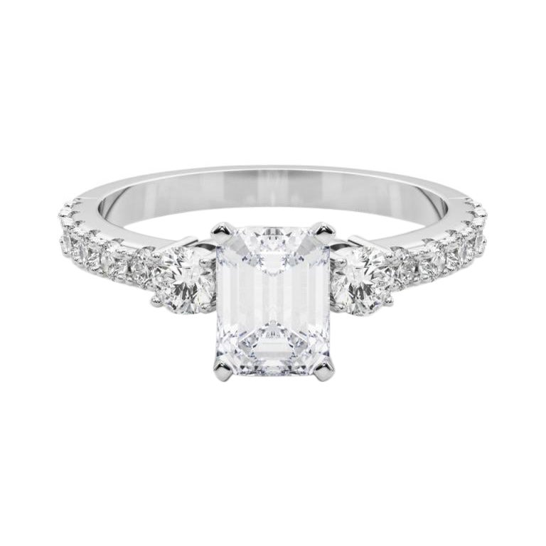 GIA 0.80ct Emerald Three-Stone with Diamond Shank 18K White Gold Diamond Ring (bague à trois pierres en émeraude avec une tige en diamant)