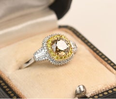 GIA 0.80ct Fancy Yellow Brown Diamond Ring. Double Halo Ring 18k Gold Platinum