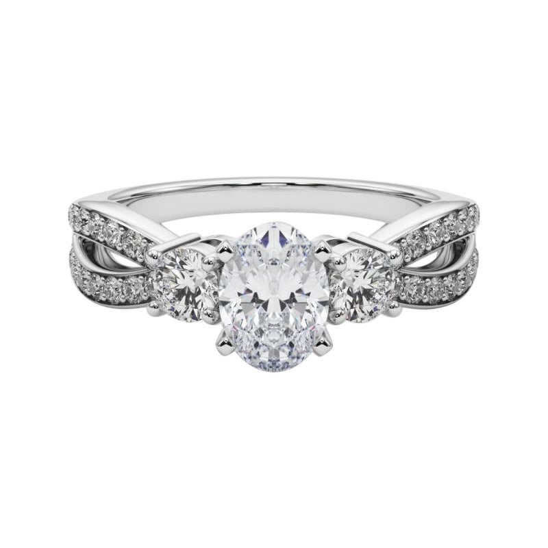 GIA 0.80ct Oval de Tres Piedras con Vástago Abierto Pave  Anillo de diamantes