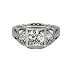 GIA 0,81 Carati Tondo Antico traforato inciso in oro bianco 18K Anello con diamante GIA 0,81 Carati Tondo Antico traforato inciso in oro bianco 18K Anello con diamante