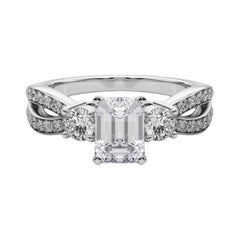GIA 0.81ct Emerald Three-Stone Split Shank Pave  Diamond Ring