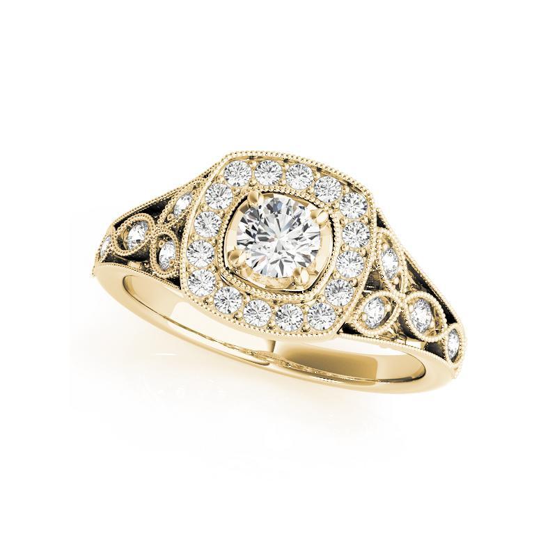 Taglio rotondo GIA 0,81ct Anello con diamante rotondo quadrato a raggiera in oro giallo Vintage Leaf in vendita