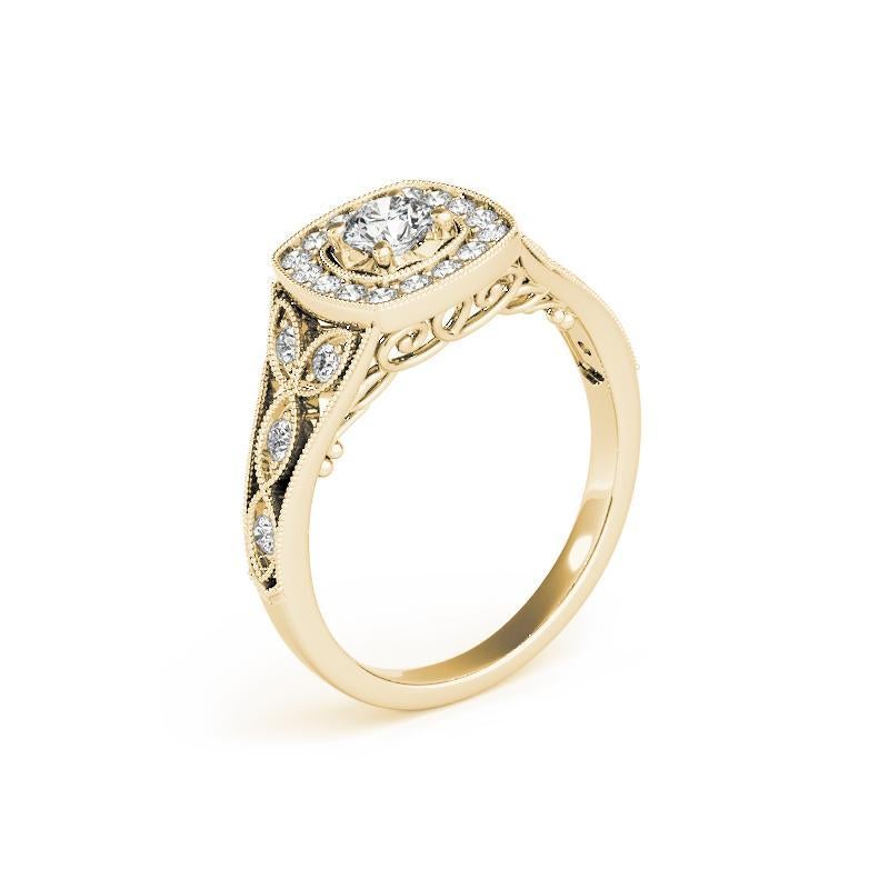 Donna GIA 0,81ct Anello con diamante rotondo quadrato a raggiera in oro giallo Vintage Leaf in vendita