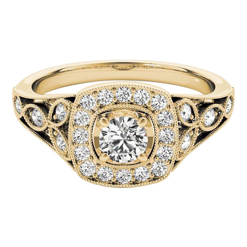 GIA 0,81ct Anello con diamante rotondo quadrato a raggiera in oro giallo Vintage Leaf in vendita