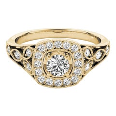 GIA 0.81ct Round Square Halo Milgrain Vintage Leaf Yellow Gold Diamond Ring