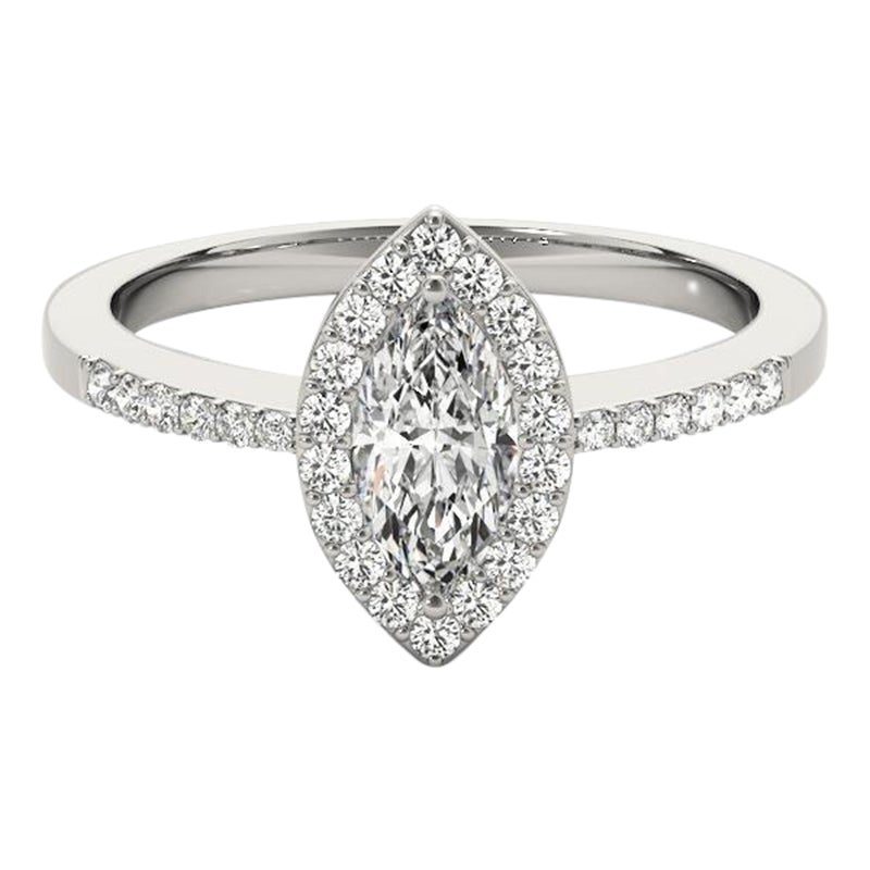 GIA 0.82 Carat Flat Marquise Halo Openwork Basket 18K White Gold Diamond Ring For Sale