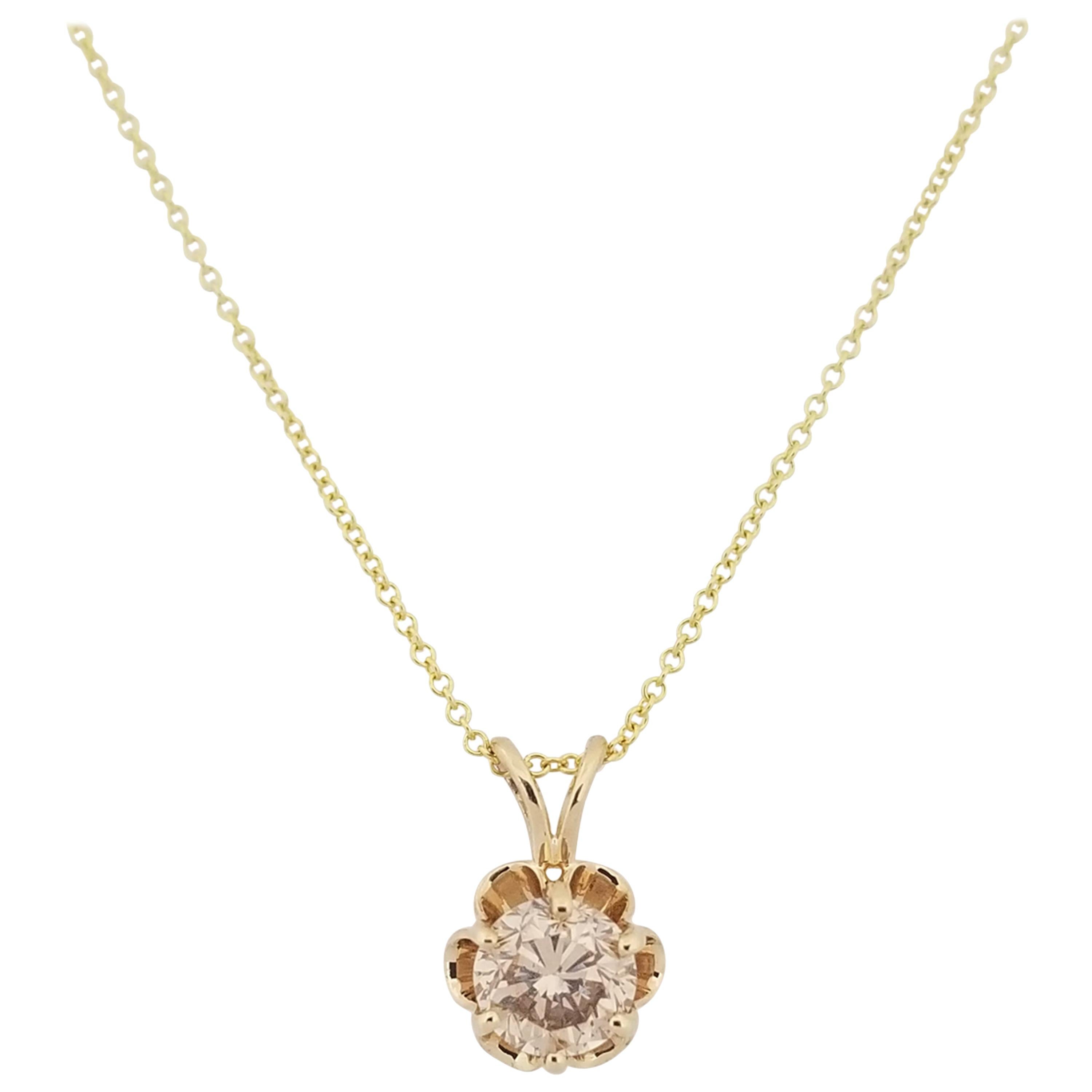 GIA 0.82 Carat Round Diamond Solitaire Buttercup Pendant 14 Karat Yellow Gold