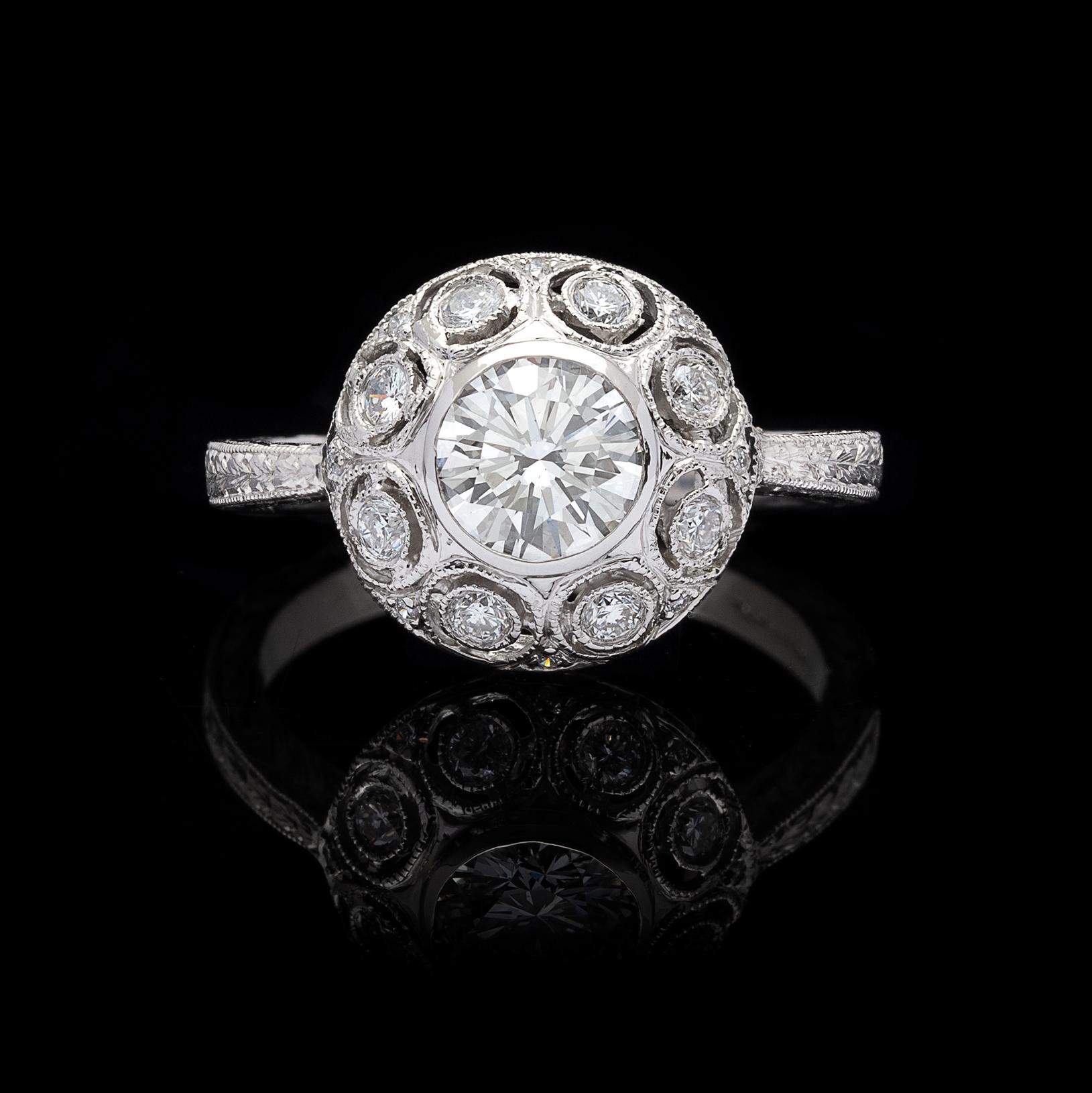 Art Deco GIA 0.82 Carat F/VS2 Diamond Platinum Engagement Ring For Sale