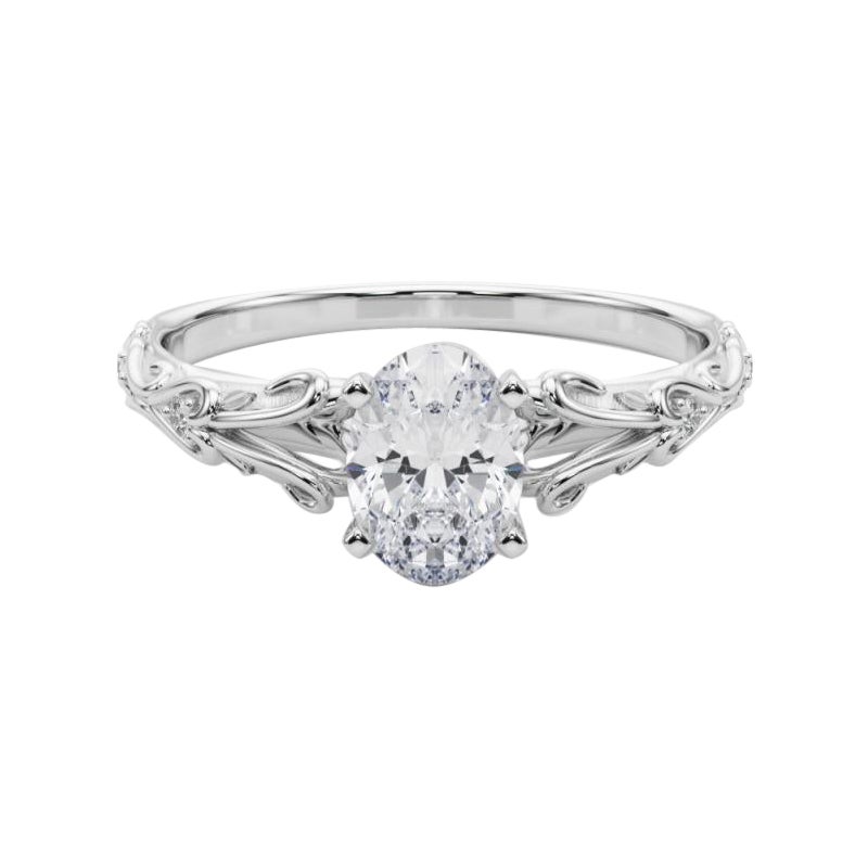 GIA 0,82ct Oval Vintage 3-Stone Heart & Vine  Anello con diamante in vendita
