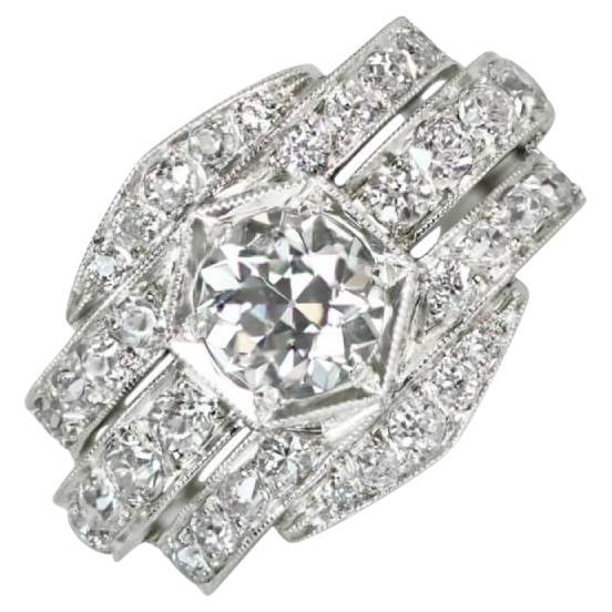 GIA 0.83ct Old European Cut Diamond Engagement Ring, H Color, Platinum For Sale