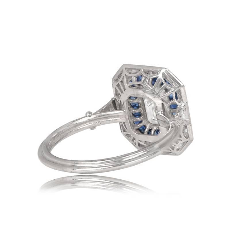 Art Deco GIA 0.87ct Emerald Cut Diamond Engagement Ring, Diamond&Sapphire Halo, Platinum For Sale