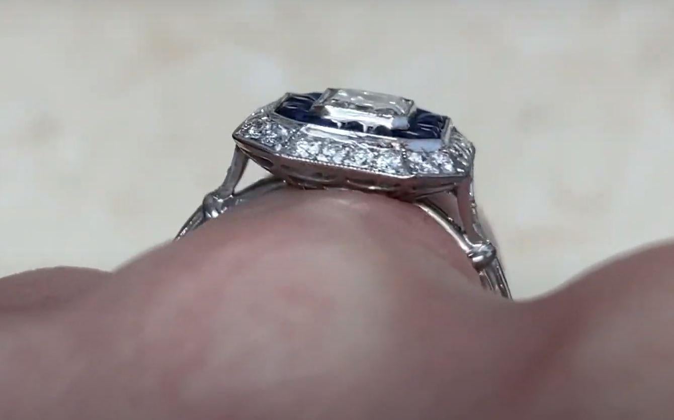 GIA 0.87ct Emerald Cut Diamond Engagement Ring, Diamond&Sapphire Halo, Platinum For Sale 2