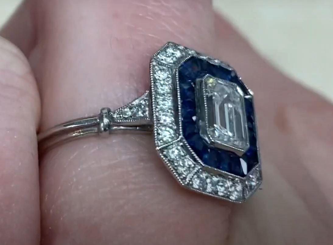 GIA 0.87ct Emerald Cut Diamond Engagement Ring, Diamond&Sapphire Halo, Platinum For Sale 3