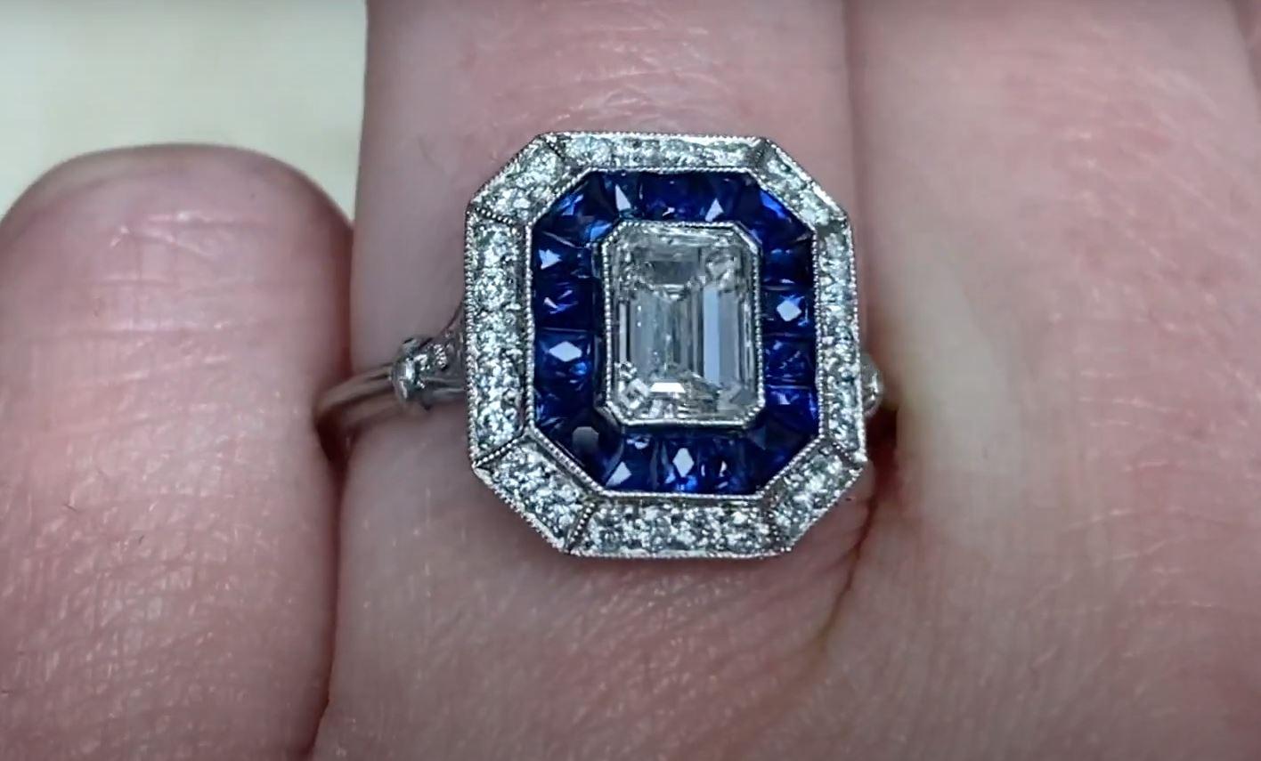 GIA 0.87ct Emerald Cut Diamond Engagement Ring, Diamond&Sapphire Halo, Platinum For Sale 4